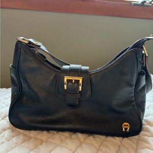 Vintage Etienne Aigner Black Leather Shoulder Bag with Gold Buckle